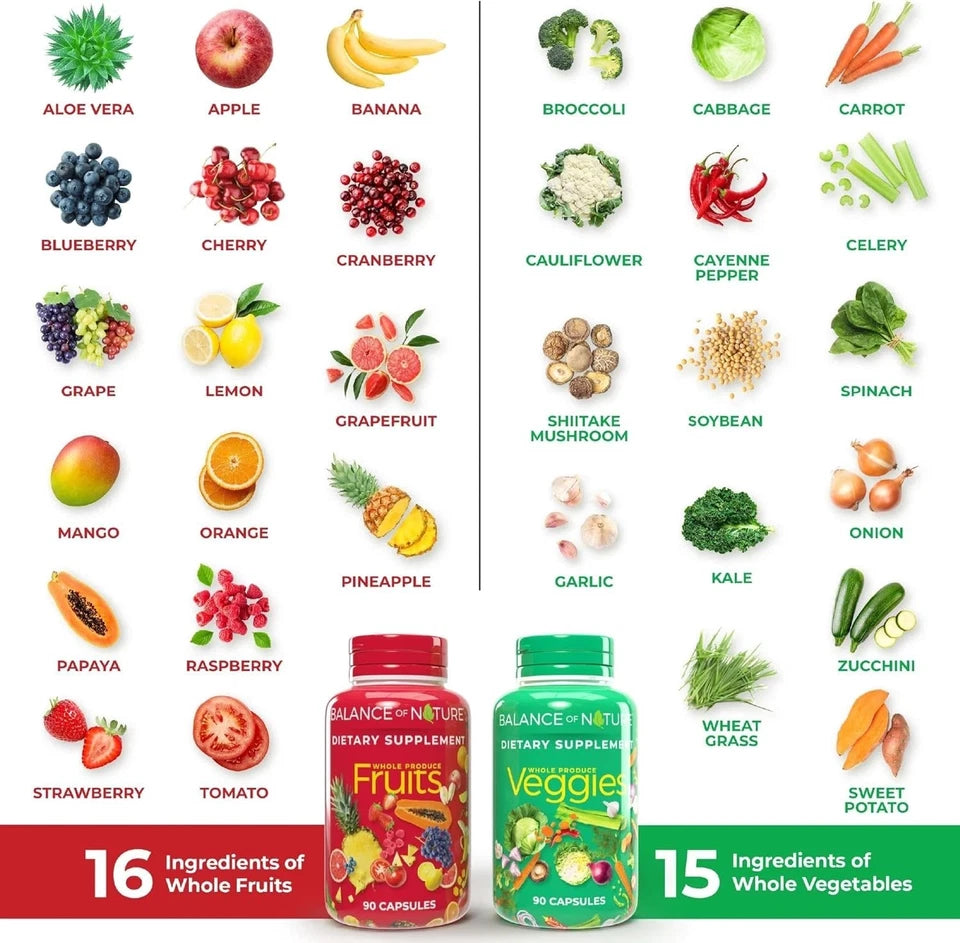 Balance of Nature Fruits & Veggies Whole Food Supplement 180 Capsules Set | Vegan Fruit & Vegetable Capsules